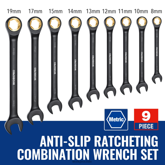 Juego de llaves combinadas con trinquete antideslizante de 9 piezas WORKPRO JDN8Z88 negro herramienta