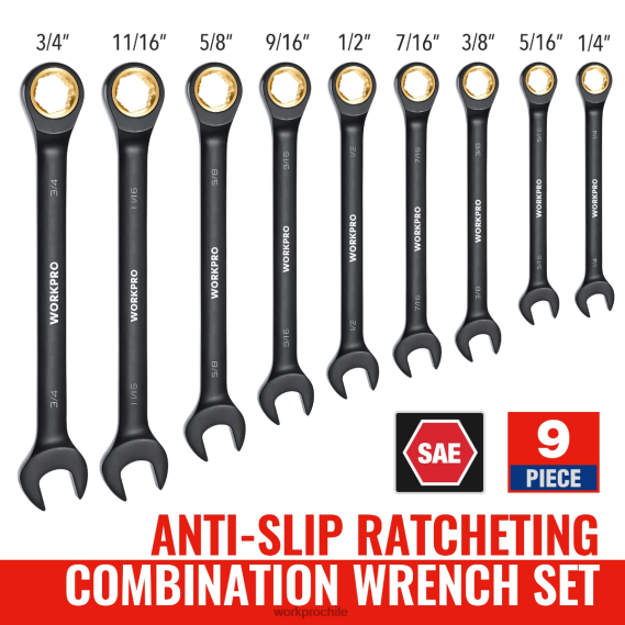 Juego de llaves combinadas con trinquete antideslizante de 9 piezas WORKPRO JDN8Z88 negro herramienta