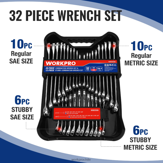 Juego de llaves regulares y rechonchas de 12 puntos con combinación sae y métrica de 32 piezas WORKPRO JDN8Z92 moderno herramienta