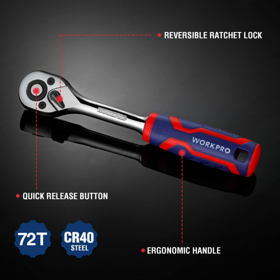 Juego de trinquete de 3 piezas, llave de tubo reversible de liberación rápida de acero 40cr de 72 dientes WORKPRO JDN8Z91 útil herramienta