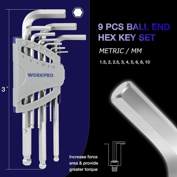 Juego de llaves Allen con extremo esférico y brazo largo de 27 piezas para un excelente agarre y transferencia de torsión WORKPRO JDN8Z62 útil herramienta