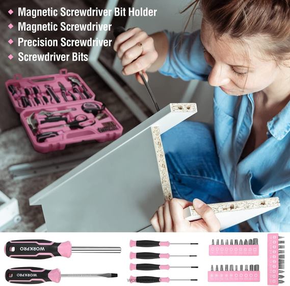 Juego de herramientas de 52 piezas, juego de herramientas para el hogar para mujer con caja de herramientas de almacenamiento, juego de herramientas básico - cinta WORKPRO JDN8Z249 rosa herramienta