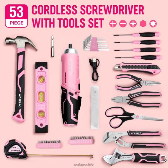 Juego de herramientas de 55 piezas, destornillador inalámbrico giratorio de 3,7 V y kit de herramientas para el hogar WORKPRO JDN8Z264 rosa herramienta