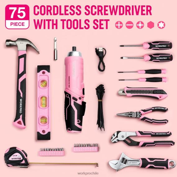 Juego de herramientas de 75 piezas, destornillador inalámbrico giratorio de 3,7 V y kit de herramientas para el hogar WORKPRO JDN8Z260 rosa herramienta