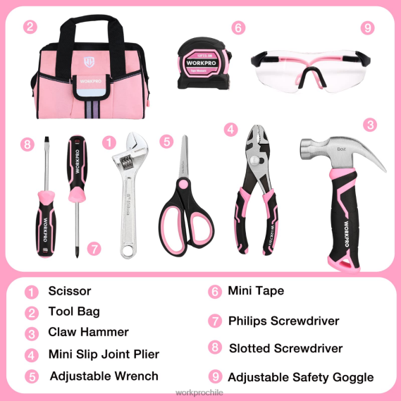 Juego de herramientas junior para niños de 9 piezas con bolsa de herramientas WORKPRO JDN8Z253 rosado azul herramienta