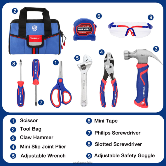Juego de herramientas junior para niños de 9 piezas con bolsa de herramientas WORKPRO JDN8Z253 rosado azul herramienta