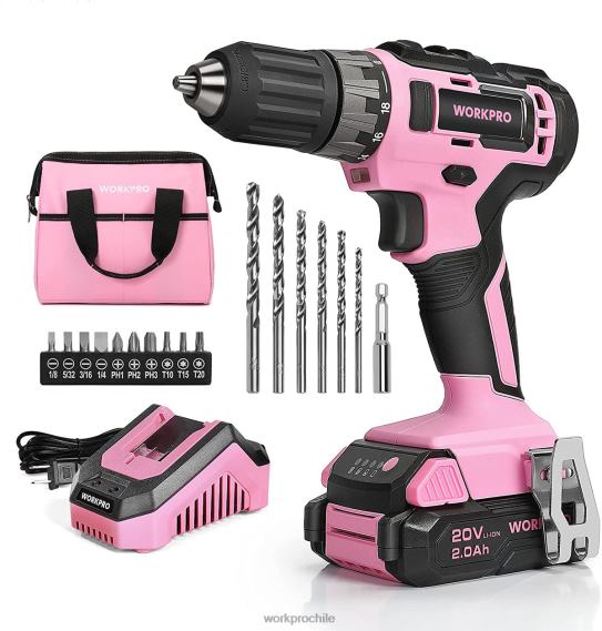 Juego de taladro atornillador inalámbrico de 20 V con cargador rápido y bolsa de almacenamiento de 11 pulgadas incluida WORKPRO JDN8Z261 rosa herramienta