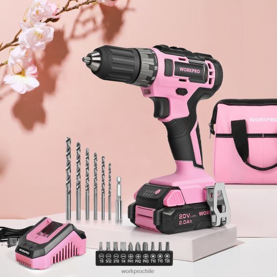 Juego de taladro atornillador inalámbrico de 20 V con cargador rápido y bolsa de almacenamiento de 11 pulgadas incluida WORKPRO JDN8Z261 rosa herramienta