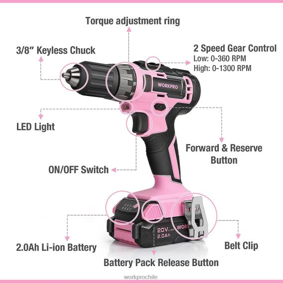 Juego de taladro atornillador inalámbrico de 20 V con cargador rápido y bolsa de almacenamiento de 11 pulgadas incluida WORKPRO JDN8Z261 rosa herramienta