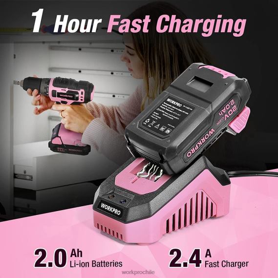 Juego de taladro atornillador inalámbrico de 20 V con cargador rápido y bolsa de almacenamiento de 11 pulgadas incluida WORKPRO JDN8Z261 rosa herramienta
