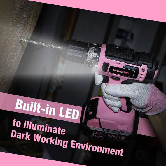 Juego de taladro atornillador inalámbrico de 20 V con cargador rápido y bolsa de almacenamiento de 11 pulgadas incluida WORKPRO JDN8Z261 rosa herramienta