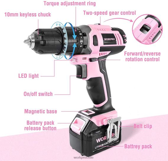 Juego de taladro atornillador inalámbrico de iones de litio de 20 V WORKPRO JDN8Z262 rosa herramienta
