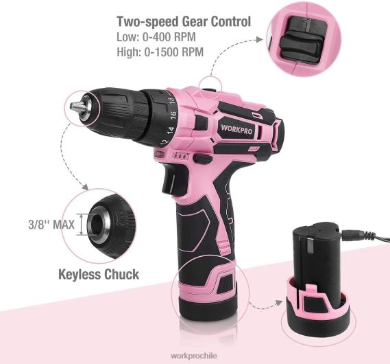 Juego de taladro y destornillador inalámbrico, destornillador eléctrico de 12v, kit de herramientas para mujer WORKPRO JDN8Z263 rosa herramienta