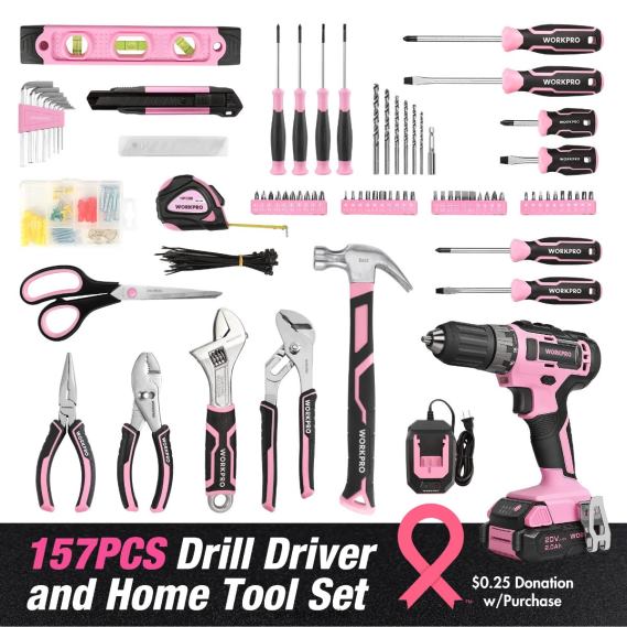 Kit combinado de taladro inalámbrico de 157 piezas con iones de litio inalámbricos de 20 V WORKPRO JDN8Z259 rosa/gris herramienta