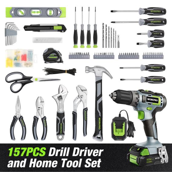 Kit combinado de taladro inalámbrico de 157 piezas con iones de litio inalámbricos de 20 V WORKPRO JDN8Z259 rosa/gris herramienta
