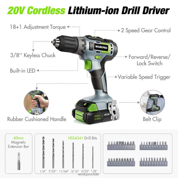 Kit combinado de taladro inalámbrico de 157 piezas con iones de litio inalámbricos de 20 V WORKPRO JDN8Z259 rosa/gris herramienta