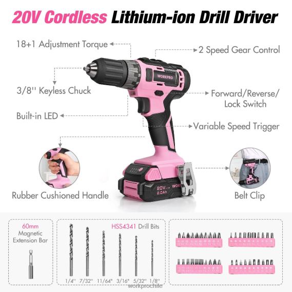 Kit combinado de taladro inalámbrico de 157 piezas con iones de litio inalámbricos de 20 V WORKPRO JDN8Z259 rosa/gris herramienta