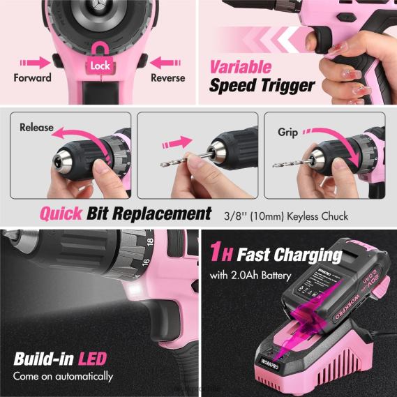 Kit combinado de taladro inalámbrico de 157 piezas con iones de litio inalámbricos de 20 V WORKPRO JDN8Z259 rosa/gris herramienta