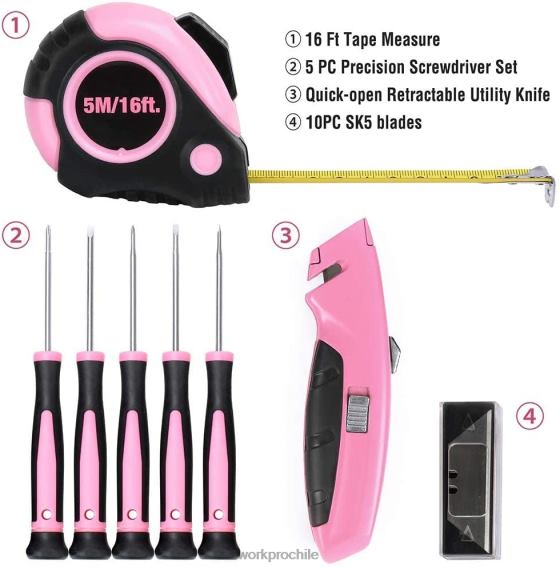 Kit de herramientas de 103 piezas con bolsa redonda fácil de transportar, perfecta para el mantenimiento del hogar. WORKPRO JDN8Z248 rosa herramienta