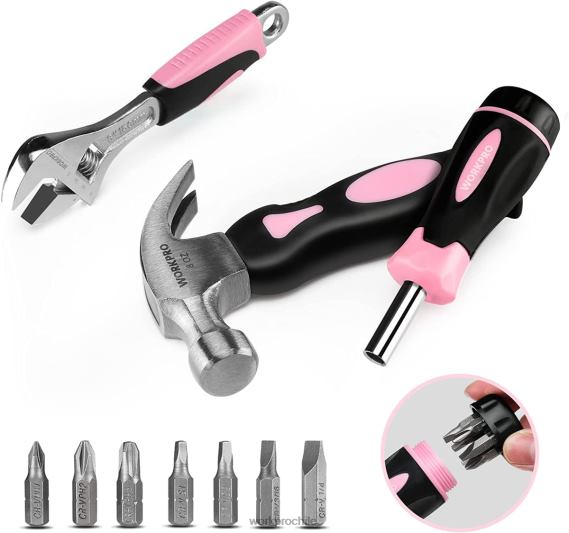Kit de herramientas para el hogar de 10 piezas para mujer con juego de soporte para puntas de destornillador WORKPRO JDN8Z243 rosa herramienta