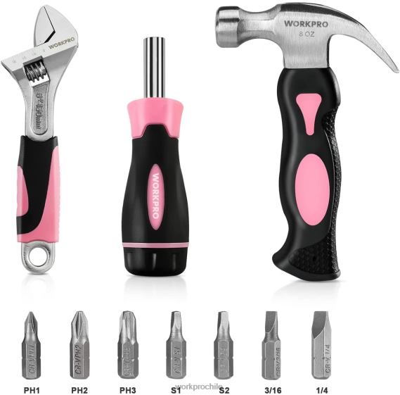 Kit de herramientas para el hogar de 10 piezas para mujer con juego de soporte para puntas de destornillador WORKPRO JDN8Z243 rosa herramienta