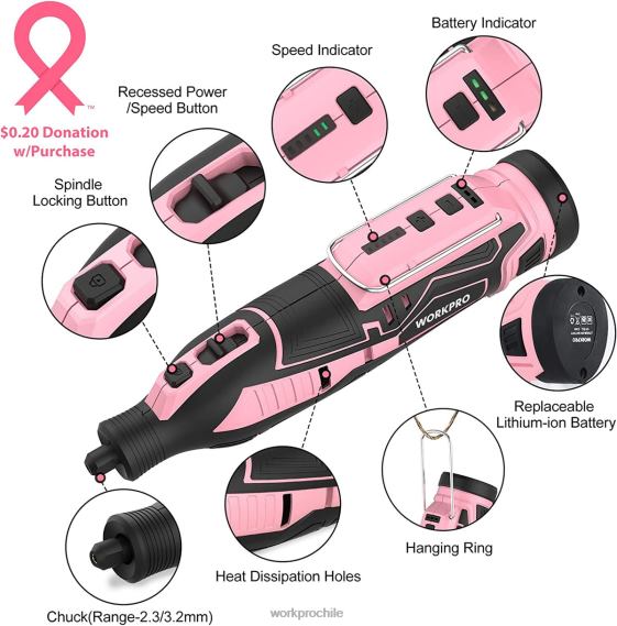 Kit de herramientas rotativas inalámbricas de 12 V, 5 velocidades variables, 114 accesorios de fácil cambio WORKPRO JDN8Z267 rosa herramienta