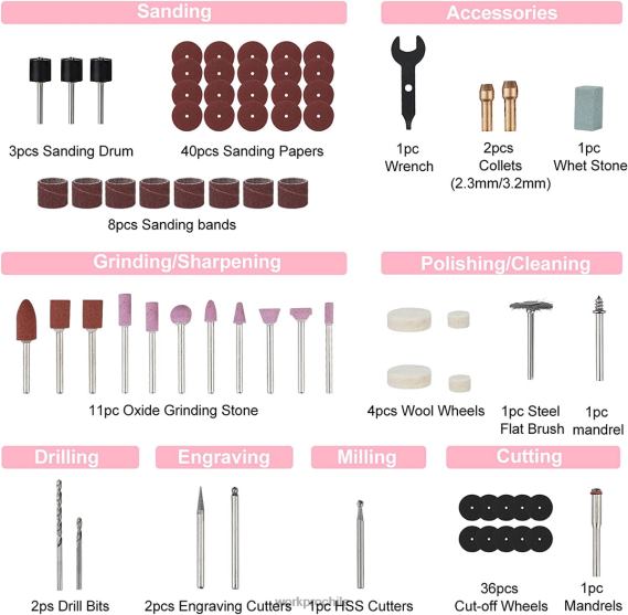 Kit de herramientas rotativas inalámbricas de 12 V, 5 velocidades variables, 114 accesorios de fácil cambio WORKPRO JDN8Z267 rosa herramienta