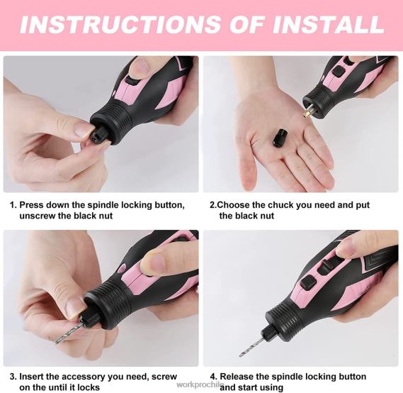 Kit de herramientas rotativas inalámbricas de 12 V, 5 velocidades variables, 114 accesorios de fácil cambio WORKPRO JDN8Z267 rosa herramienta