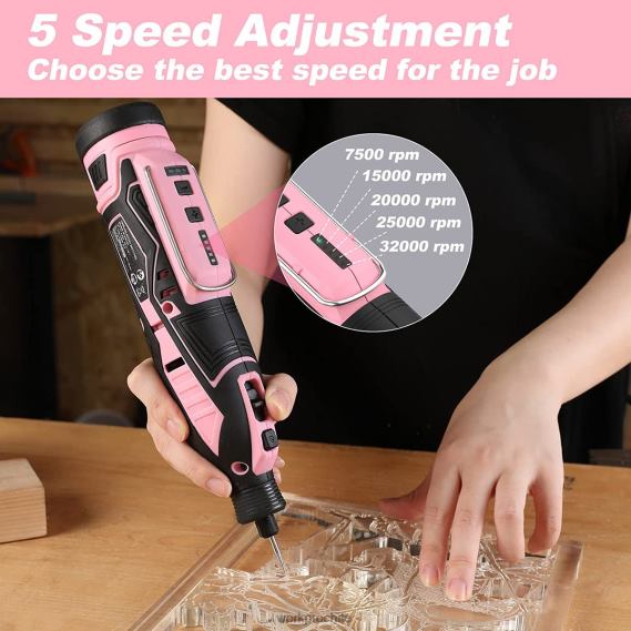 Kit de herramientas rotativas inalámbricas de 12 V, 5 velocidades variables, 114 accesorios de fácil cambio WORKPRO JDN8Z267 rosa herramienta