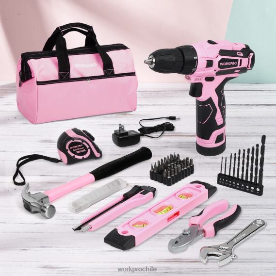 Taladro inalámbrico de 12 V y kit de herramientas para el hogar con bolsa de almacenamiento de 14 pulgadas WORKPRO JDN8Z258 rosa herramienta