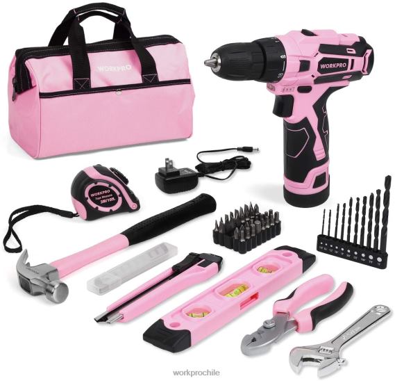 Taladro inalámbrico de 12 V y kit de herramientas para el hogar con bolsa de almacenamiento de 14 pulgadas WORKPRO JDN8Z258 rosa herramienta