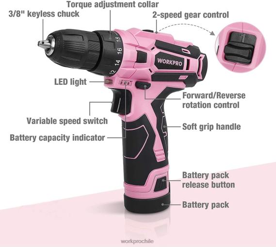 Taladro inalámbrico de 12 V y kit de herramientas para el hogar con bolsa de almacenamiento de 14 pulgadas WORKPRO JDN8Z258 rosa herramienta