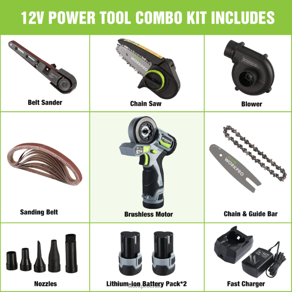 lijadora de banda inalámbrica para detalles, minisierra de cadena, soplador eléctrico, kit combinado de herramientas eléctricas 3 en 1 WORKPRO JDN8Z296 moderno herramienta