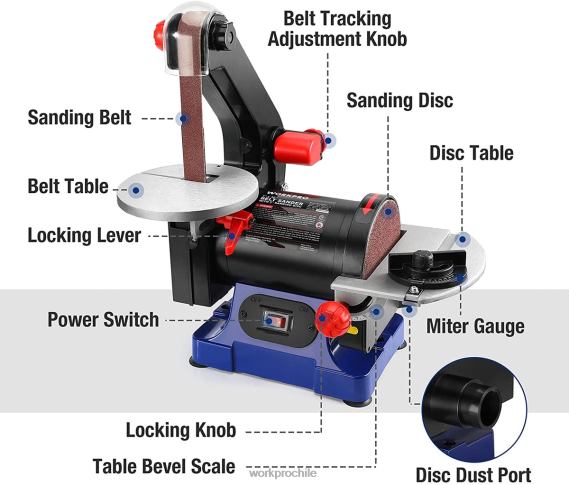Lijadora de banda de disco, banda de 1\" x 30\" y disco de lijado de 5\", incluye 6 piezas de papel de lija WORKPRO JDN8Z237 útil herramienta