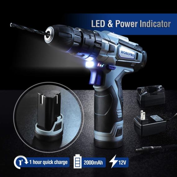 Abrazadera frontal, taladro inalámbrico de 12 V y kit de herramientas para el hogar, juego de brocas de espada profesional de 10 piezas y pistola grapadora 4 en 1 de alta resistencia WORKPRO JDN8Z318