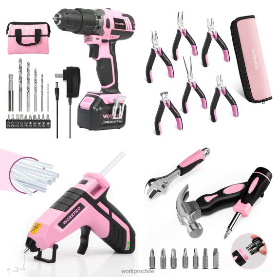 Juego de taladro atornillador inalámbrico de 20 V, minialicates de 6 piezas, kit de herramientas de 10 piezas y pistola de pegamento inalámbrica WORKPRO JDN8Z316 rosa herramienta