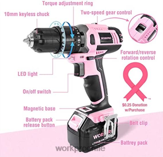 Juego de taladro atornillador inalámbrico de 20 V, minialicates de 6 piezas, kit de herramientas de 10 piezas y pistola de pegamento inalámbrica WORKPRO JDN8Z316 rosa herramienta