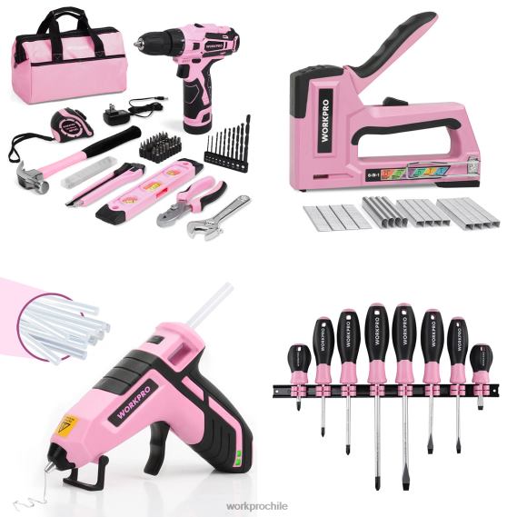 Juego de taladro inalámbrico de 12v, pistola grapadora 6 en 1, juego de destornilladores magnéticos de 8 piezas y pistola de pegamento termofusible inalámbrica WORKPRO JDN8Z313 rosa herramienta