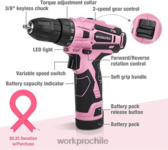 Juego de taladro inalámbrico de 12v, pistola grapadora 6 en 1, juego de destornilladores magnéticos de 8 piezas y pistola de pegamento termofusible inalámbrica WORKPRO JDN8Z313 rosa herramienta