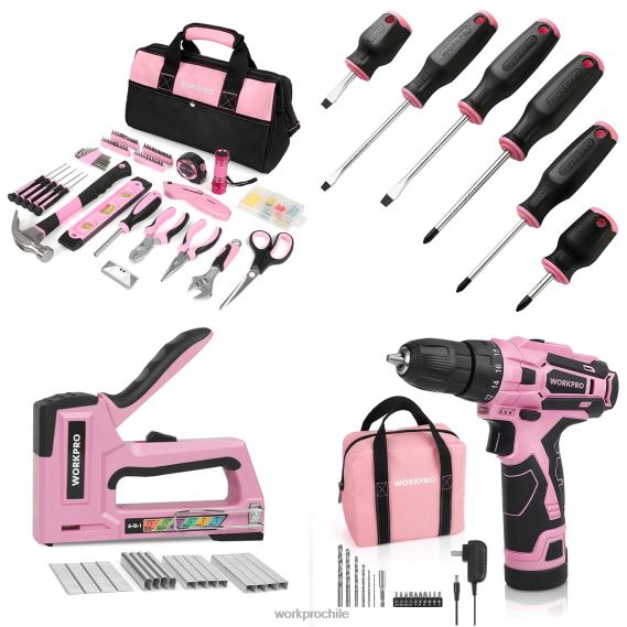 Kit de herramientas de 106 piezas y destornilladores magnéticos de 6 piezas y kit de taladro inalámbrico de 12 V y pistola grapadora 6 en 1 WORKPRO JDN8Z312 rosa herramienta