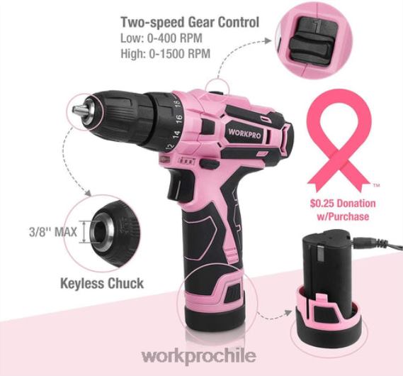 Kit de herramientas de 106 piezas y destornilladores magnéticos de 6 piezas y kit de taladro inalámbrico de 12 V y pistola grapadora 6 en 1 WORKPRO JDN8Z312 rosa herramienta