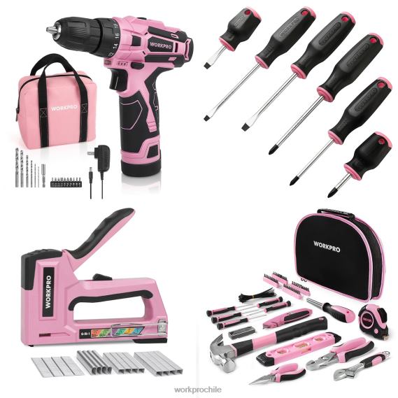 Kit de taladro inalámbrico de 12 V, kit de herramientas de 103 piezas, juego de destornilladores magnéticos de 8 piezas y pistola grapadora 6 en 1 WORKPRO JDN8Z315 rosa herramienta