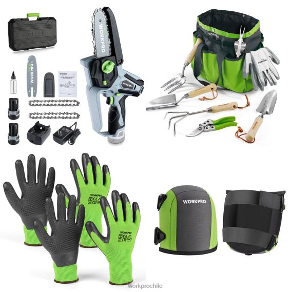 Motosierra inalámbrica, juego de herramientas de jardín de 7 piezas, 2 pares de guantes de jardín y rodilleras de jardín. WORKPRO JDN8Z314 útil herramienta